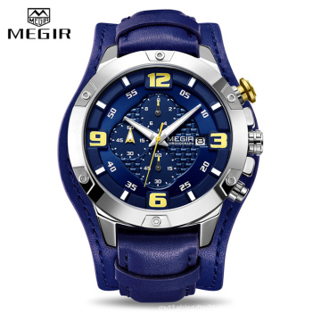 MEGIR 2099 Men's Chronograph Quartz Watches 2019 New 3 Bar Waterproof Leather Strap Luminous Army Sports Stopwatch for Man